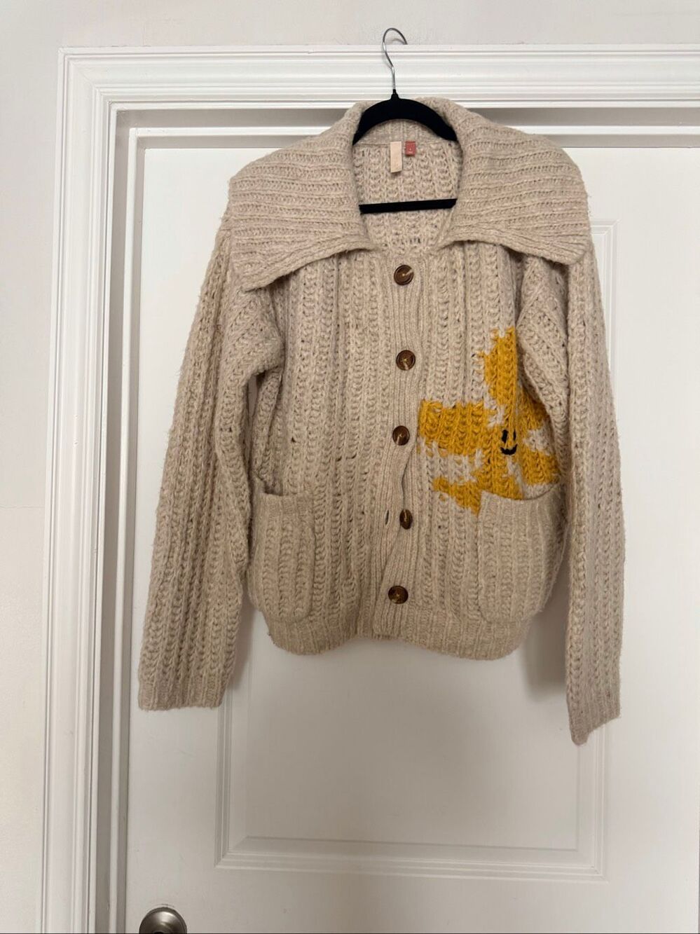Pilcro Anthropologie Beige Knit Cardigan Sweater Collared Button Front Size L